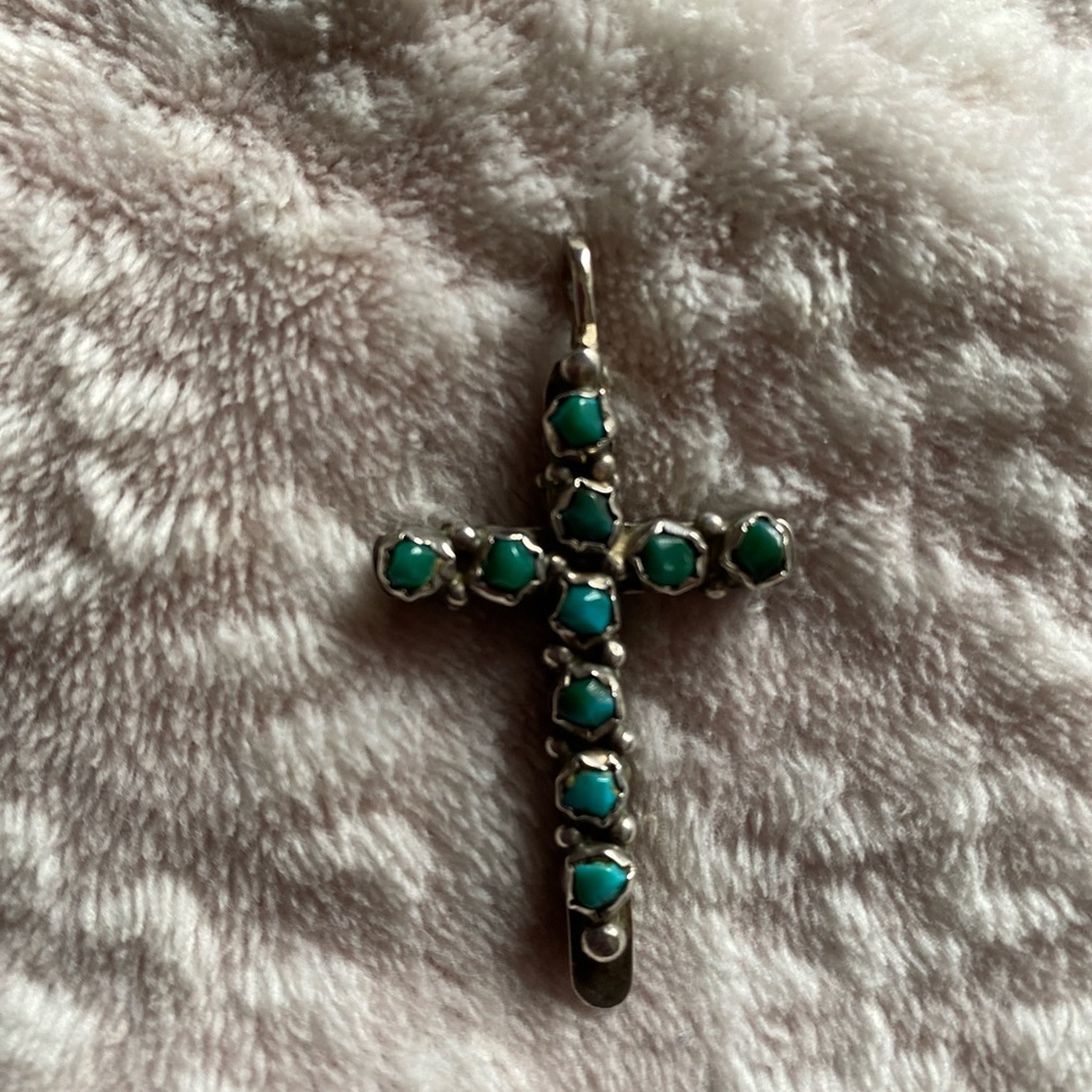 Beautiful Silver Reversible Turquoise and Coral Cross Pendant